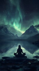 A person sitting in a lotus position, meditating with their eyes closed; a serene lake under the starry sky