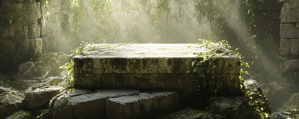 A rough-hewn stone podium placed against a backdrop of ancient ruins, with moss and ivy growing on the stones, lit by soft, natural sunlight.