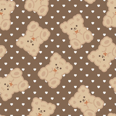 Brown cute kawaii teddy bears with heart texture background, kids seamless pattern background for boy and girl. Wrapping paper childish design, fabric and textile print