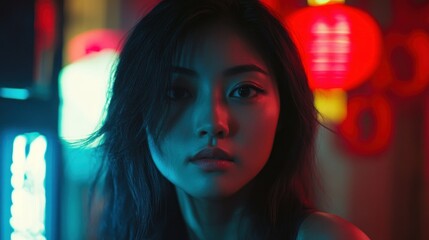 Close-up Portrait of a Woman with Neon Lights in the Background