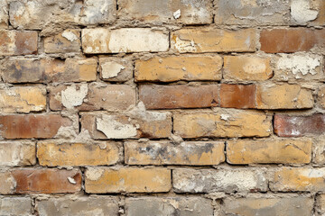 Fototapeta premium A rustic, weathered brick wall with visible signs of age, such as cracks and chipped surfaces, adding character and depth.