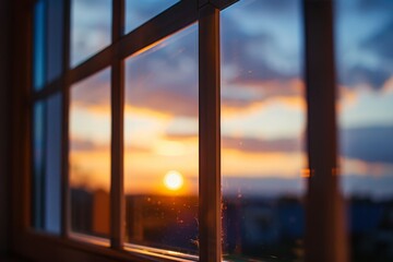 Fototapeta premium Sunset through the window of an office building, silhouette, high-rise buildings in the distance, corporate head office.
