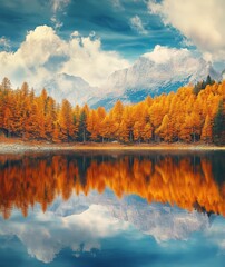 Fototapeta premium Colourful autumn scene of Welsperg lake, Italy. Stunning landscape of Dolomite Alps, Italy, Europe. Calm morning scene of Tonadico, Trento, Italy. Beauty of nature concept.