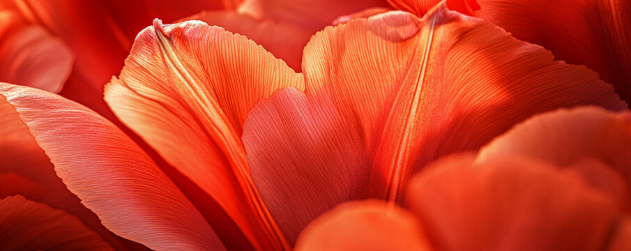 A macro view of vibrant red tulip petals with intricate veining and soft, velvety textures, illuminated by warm, natural light.