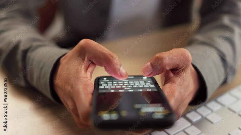 Poster phone, hands typing and business person with text message, email or office feedback. mobile, screen 