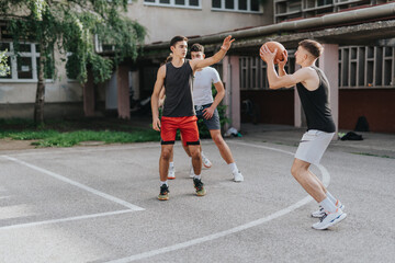 Three friends play basketball at an old neighborhood court, enjoying a sunny afternoon filled with fun and camaraderie, exemplifying leisure and outdoor activity.