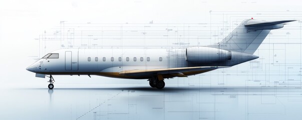 Side view of detailed private jet on blueprints showcasing sleek design and precision engineering