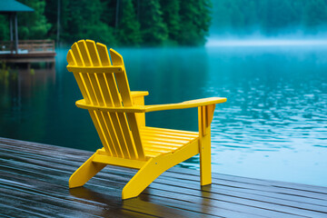 Yellow Adirondack chair on wood dock, overlooking peaceful lake with morning mist in forest, copy space