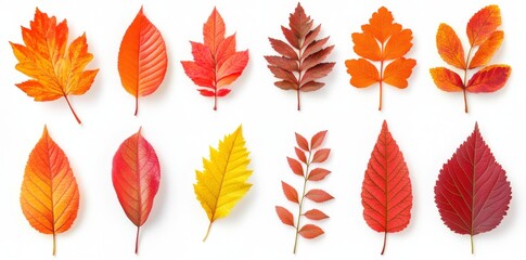 Fallen red autumn trees leaves isolated on white background with shadow.