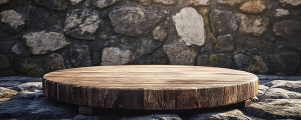 A rustic wooden podium with natural textures, standing in front of a stone wall background with warm natural light creating a cozy, earthy atmosphere.