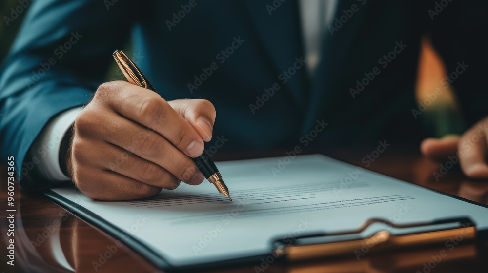 Poster close-up of a hand signing a document with a fountain pen
