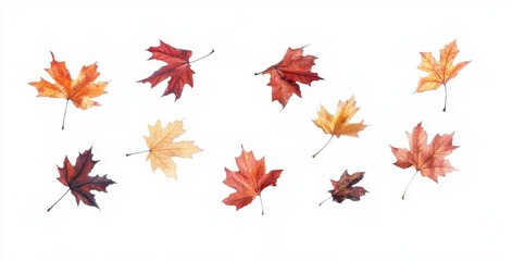 Isolated autumn maple leaves in flight and falling