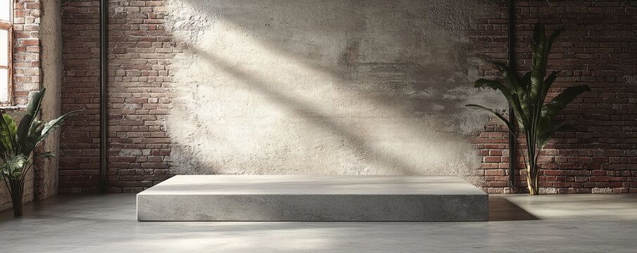 A minimalist concrete podium with a smooth, matte finish, set against a stark, industrial-style background with exposed brick walls.