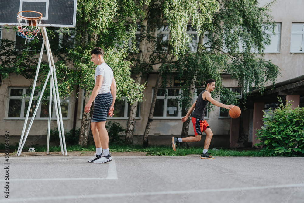 Wall mural two friends playing basketball on an old neighborhood court, showcasing their passion for sports and