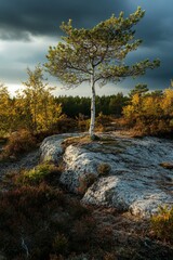 Obraz premium An autumn tree with colorful leaves isolated by sunlight against a moody sky