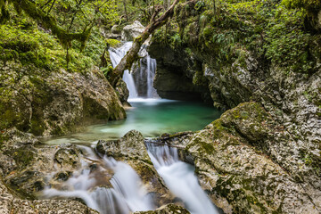 Small waterfalls in the Šunikov gaj in Lepena valley near Trenta on a summer day, Slovenija © erikzunec