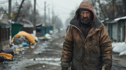Obraz premium Homeless. A man in a brown jacket is shoveling trash. The scene is dirty and unkempt, with trash scattered around. The man is working hard, but the overall mood of the image is negative and unpleasant
