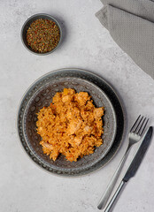 Food photography of cooked bulgur with chicken, onion, carrot, bell pepper, tomato sauce, pepper, bay leaf, garlic, cuisine, nutrition