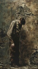 A man stands in front of a wall with graffiti on it. The man is wearing a white shirt and a black hat. The wall is covered in graffiti and he is old and worn. Scene is somewhat somber