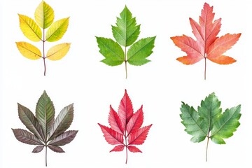 Fototapeta premium A flat lay of colored autumn leaves against a white background.