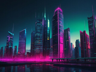 a futuristic cityscape using gradient mesh, where the buildings and skyscrapers transition through neon colors like electric blue, hot pink, and bright green