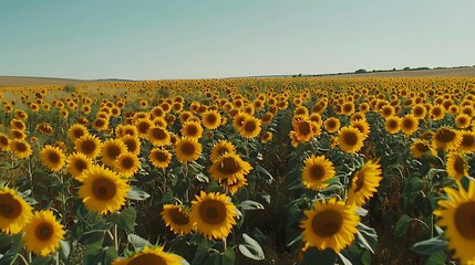 "Endless Sunflower Field Stretching Across the Horizon Beneath a Bright Blue Sky"