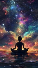 A person sitting in a lotus position, meditating with their eyes closed; a serene lake under the starry sky