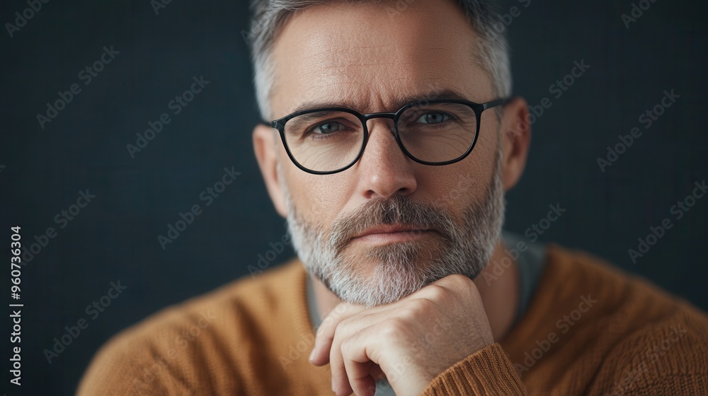 Leinwandbilder a man with glasses rests his chin on his hand, displaying a serious expression while lost in thought