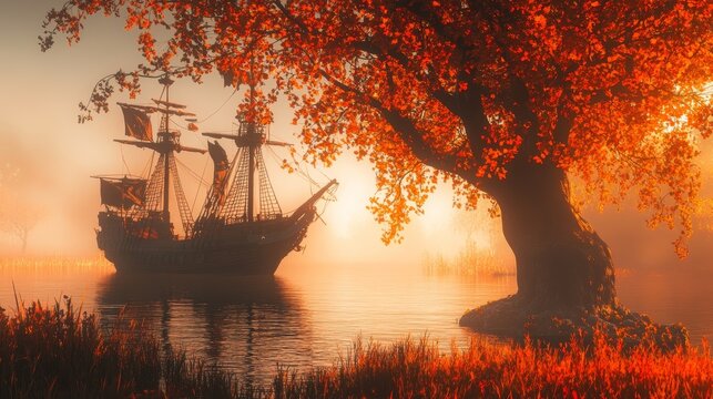 In the red autumn forest, an ancient large sailing ship can be seen. - Powered by Adobe