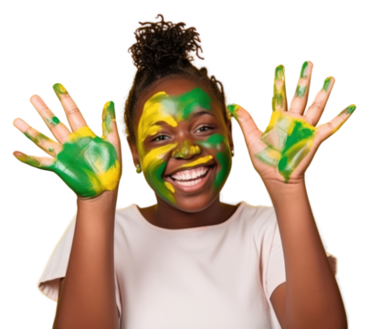 PNG Black girl with a hand covered in green and yellowe paint portrait on the white background