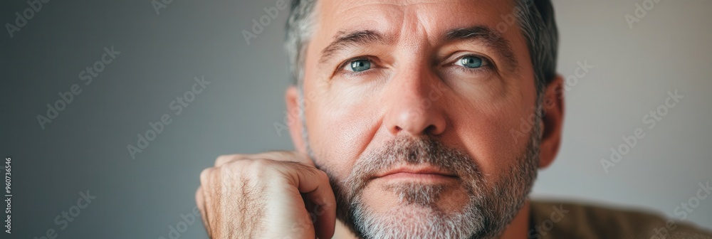 Poster a man appears deep in thought, with a serious demeanor, illuminated by soft light as he rests his ch