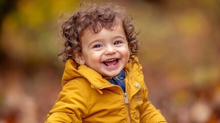 A happy child plays in the forest in autumn. Stock