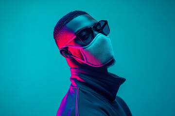 Stylish Mens Lifestyle Portrait with Light Gray Face Mask and Solid Neon Teal Trendy Fashion Background
