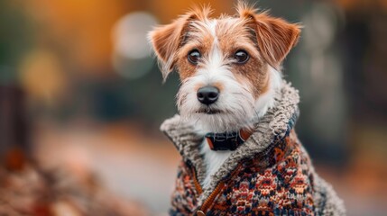 A dog is wearing a sweater and looking at the camera