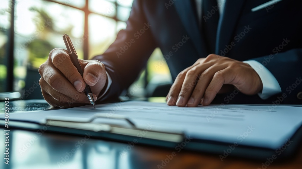 Poster close-up of a man's hand signing a document with a pen