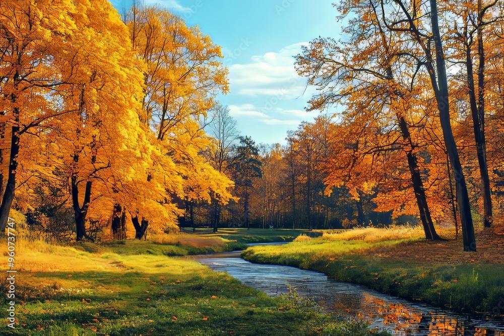 Wall mural in autumn, obvodny canal runs in alexander park, tsarskoe selo (pushkin), saint petersburg.