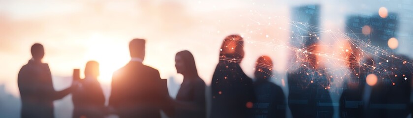 Silhouettes of business professionals networking outdoors at sunset, with a city skyline blurred in the background.