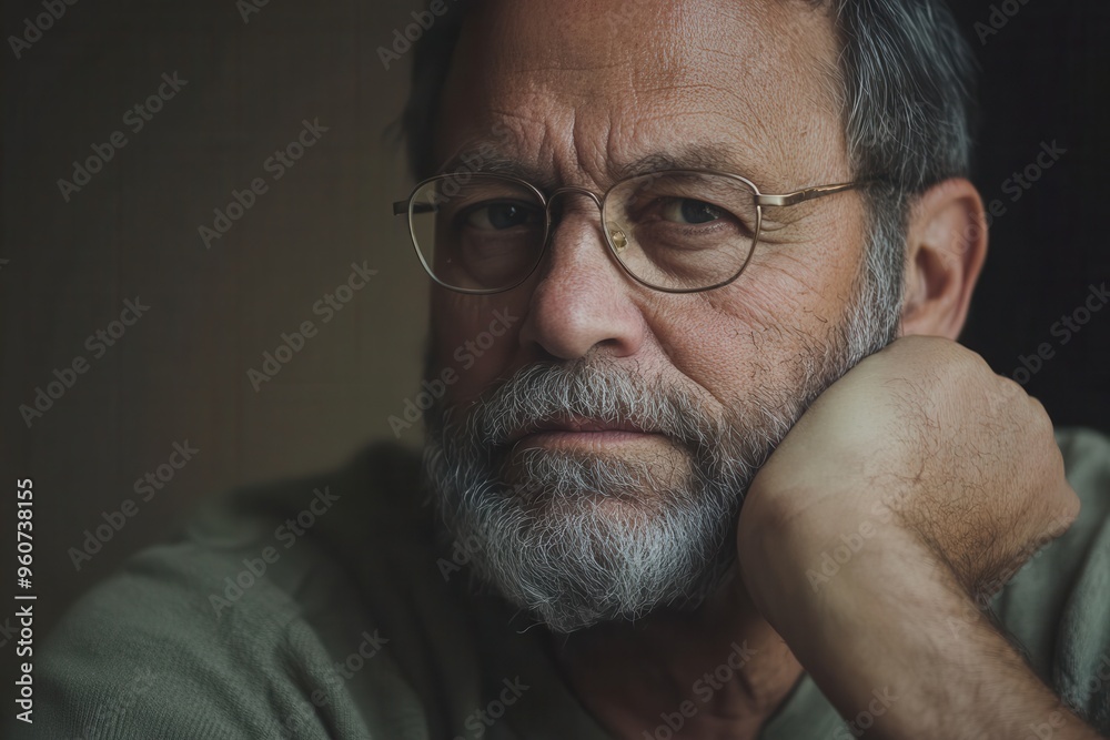 Poster a serious man sits thoughtfully in a softly lit room, resting his chin on his hand while contemplati