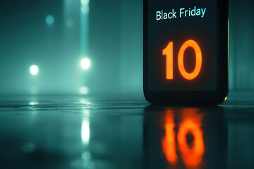 A smartphone displaying a Black Friday countdown timer, showing the number ten. The background is a blurry image of glowing lights, giving a futuristic and digital feel. Generated with AI.