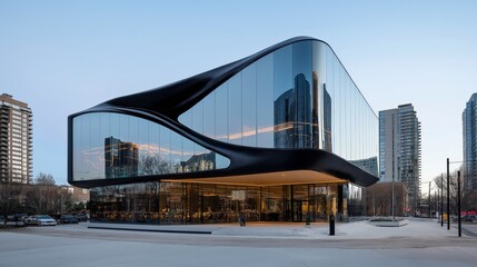 Obraz premium Modern museum with a twisted steel and glass facade, reflecting the city. AI generated