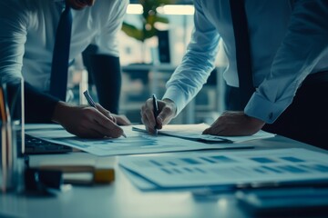 Close up of professional business managers working with project documents in office 