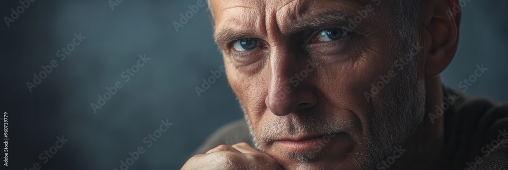 Aufkleber a man appears deep in thought, showcasing his serious expression in low lighting that adds depth to 