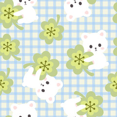 cute white baby bear on a pastel blue background hugging green clover leaf, spring fabric and textile kids print, woodland animals summer watercolor seamless pattern, eps vector 10