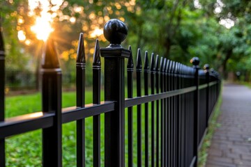 Black ornamental high-end aluminum fence with green grass background