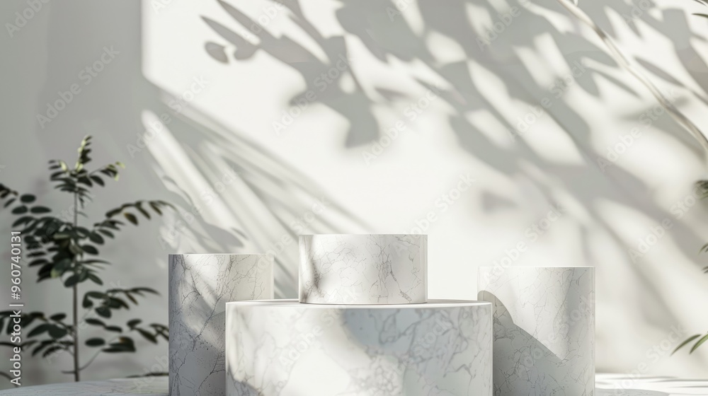 Canvas Prints Pedestals made of white granite in sunlight with leaf shadows on a white background for showcasing cosmetics, goods, shoes, bags, and watches.