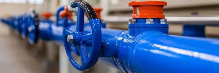 Close-up of blue water pipes and levers in an industrial plant, representing technical engineering