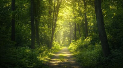 Sunlight Streaming Through a Forest Path