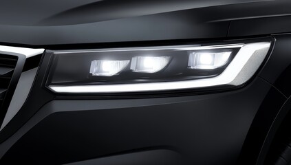 Fototapeta premium Close-up of the headlight on a black car with a white LED light strip