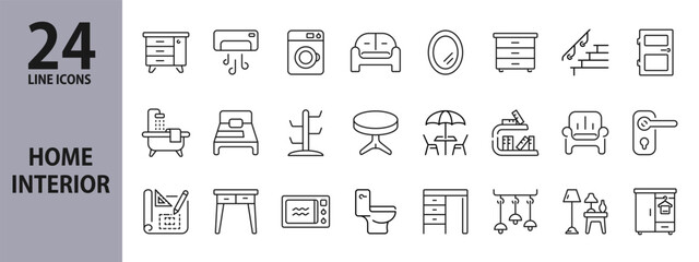 Home Interior line icons set with Lamp, Table, Furniture, Armchair, Sofa, Chair and more. Editable Stroke