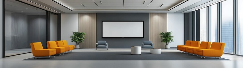 Sleek and Stylish Seminar Space: Contemporary Furniture in Vibrant Setting with High Detail and Clarity, Realistic High Angle Shot